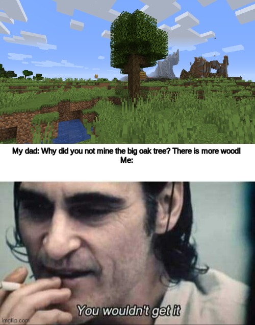 Only true gamers understand | My dad: Why did you not mine the big oak tree? There is more wood!
Me: | image tagged in you wouldn't get it,minecraft,funny,memes,relatable | made w/ Imgflip meme maker
