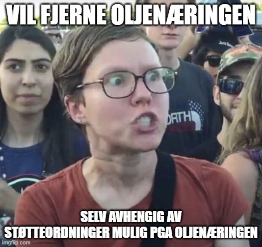 Triggered feminist | VIL FJERNE OLJENÆRINGEN; SELV AVHENGIG AV STØTTEORDNINGER MULIG PGA OLJENÆRINGEN | image tagged in triggered feminist | made w/ Imgflip meme maker