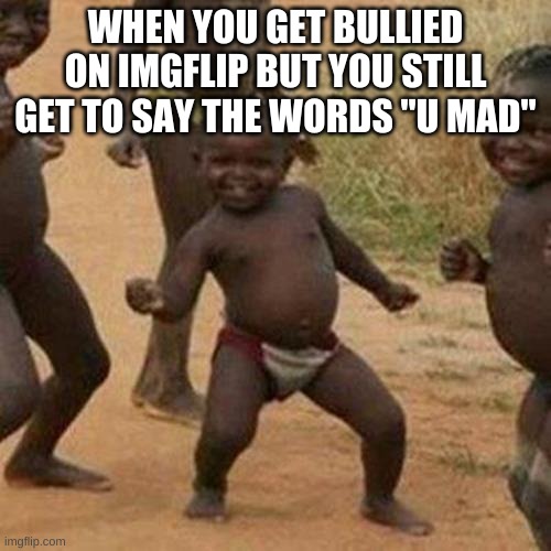 true | WHEN YOU GET BULLIED ON IMGFLIP BUT YOU STILL GET TO SAY THE WORDS "U MAD" | image tagged in memes,third world success kid | made w/ Imgflip meme maker