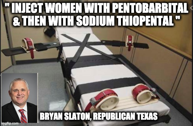 " INJECT WOMEN WITH PENTOBARBITAL & THEN WITH SODIUM THIOPENTAL "; BRYAN SLATON, REPUBLICAN TEXAS | image tagged in memes,fanatical christians,death penalty for women,pro-life terrorism,republican extremism,texas | made w/ Imgflip meme maker