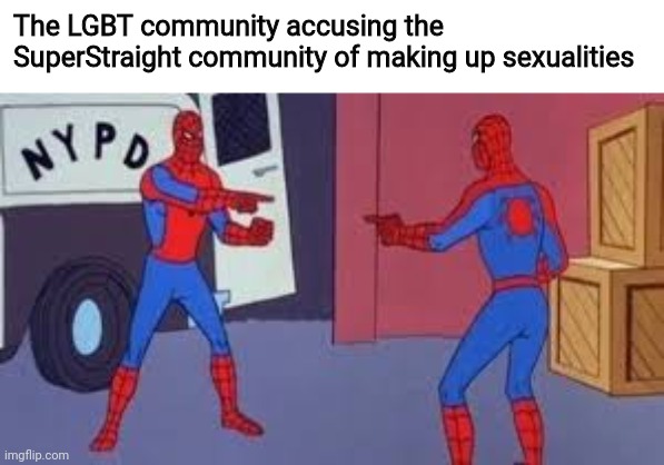 Can't lie, the outrage is highlarious | The LGBT community accusing the SuperStraight community of making up sexualities | image tagged in pointing spiderman,memes,funny memes,politics | made w/ Imgflip meme maker