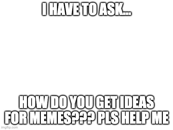 Help Me PLZ | I HAVE TO ASK... HOW DO YOU GET IDEAS FOR MEMES??? PLS HELP ME | image tagged in blank white template,help me,everything,i need help,points,imgflip | made w/ Imgflip meme maker