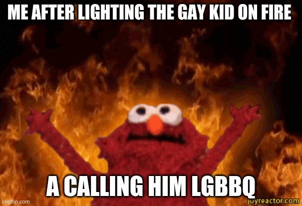 LGBBQ | ME AFTER LIGHTING THE GAY KID ON FIRE; A CALLING HIM LGBBQ | image tagged in burn,burning,elmo,on crack | made w/ Imgflip meme maker