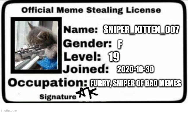 Done and done | SNIPER_KITTEN_007; F; 19; 2020-10-30; FURRY, SNIPER OF BAD MEMES | image tagged in official meme stealing license | made w/ Imgflip meme maker