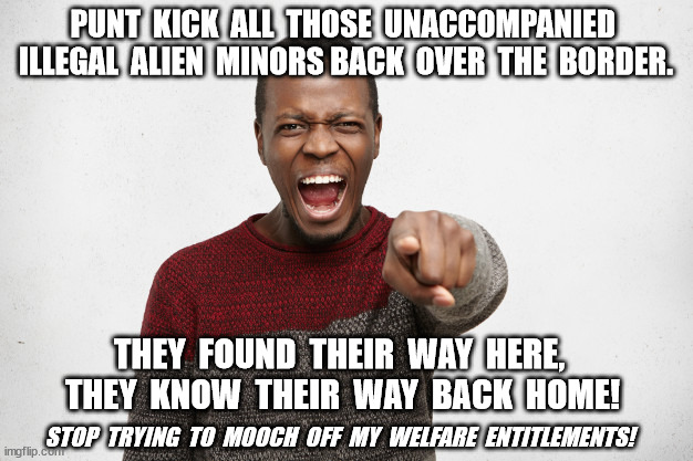 Unaccompanied Illegal Alien Minors ... GO HOME! | PUNT  KICK  ALL  THOSE  UNACCOMPANIED  ILLEGAL  ALIEN  MINORS BACK  OVER  THE  BORDER. THEY  FOUND  THEIR  WAY  HERE,  THEY  KNOW  THEIR  WAY  BACK  HOME! STOP  TRYING  TO  MOOCH  OFF  MY  WELFARE  ENTITLEMENTS! | image tagged in unaccompanied,illegal aliens,minors,welfare,blacks,democrats | made w/ Imgflip meme maker