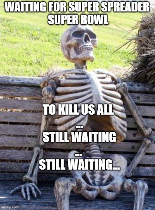 Waiting for Super-spreader | WAITING FOR SUPER SPREADER 
SUPER BOWL; TO KILL US ALL 
...
STILL WAITING
... 
STILL WAITING... | image tagged in waiting skeleton,covid19,super bowl,politics,dr fauci,hysteria | made w/ Imgflip meme maker