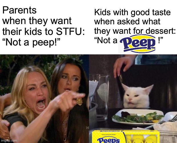 Woman Yelling At Cat | Parents
when they want
their kids to STFU:
“Not a peep!”; Kids with good taste
when asked what they want for dessert:
“Not a                 !” | image tagged in memes,woman yelling at cat,memes | made w/ Imgflip meme maker