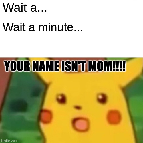 hehe | Wait a... Wait a minute... YOUR NAME ISN'T MOM!!!! | image tagged in memes,surprised pikachu | made w/ Imgflip meme maker