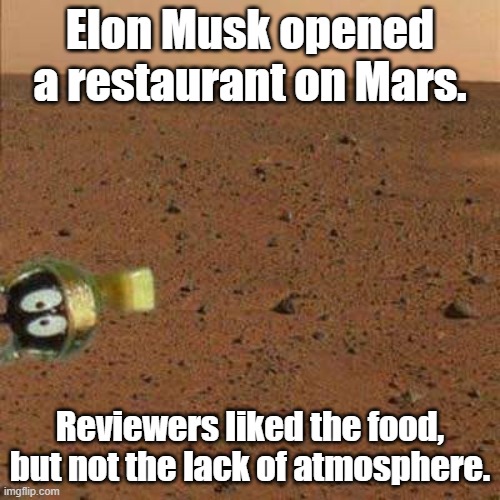 Nice Try. | Elon Musk opened a restaurant on Mars. Reviewers liked the food, but not the lack of atmosphere. | image tagged in marvin on mars,elon musk,diner of despair,i can't breathe | made w/ Imgflip meme maker