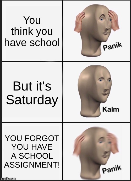 school | You think you have school; But it's Saturday; YOU FORGOT YOU HAVE A SCHOOL ASSIGNMENT! | image tagged in panik kalm panik | made w/ Imgflip meme maker
