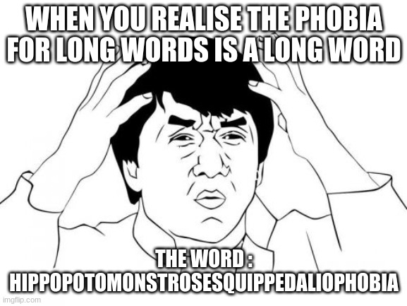 Jackie Chan WTF Meme | WHEN YOU REALISE THE PHOBIA FOR LONG WORDS IS A LONG WORD; THE WORD : HIPPOPOTOMONSTROSESQUIPPEDALIOPHOBIA | image tagged in memes,jackie chan wtf | made w/ Imgflip meme maker
