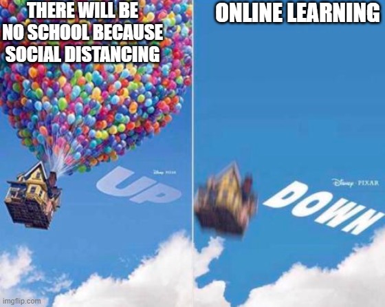 2020 in a nutshell | THERE WILL BE NO SCHOOL BECAUSE SOCIAL DISTANCING; ONLINE LEARNING | image tagged in up and down | made w/ Imgflip meme maker