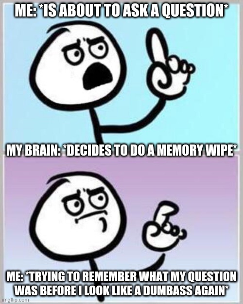 facts | ME: *IS ABOUT TO ASK A QUESTION*; MY BRAIN: *DECIDES TO DO A MEMORY WIPE*; ME: *TRYING TO REMEMBER WHAT MY QUESTION WAS BEFORE I LOOK LIKE A DUMBASS AGAIN* | image tagged in wait what | made w/ Imgflip meme maker
