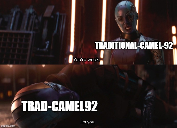alternate accounts | TRADITIONAL-CAMEL-92; TRAD-CAMEL92 | image tagged in your weak i m you | made w/ Imgflip meme maker