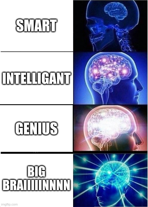 Big brain | SMART; INTELLIGANT; GENIUS; BIG BRAIIIIINNNN | image tagged in memes,expanding brain | made w/ Imgflip meme maker