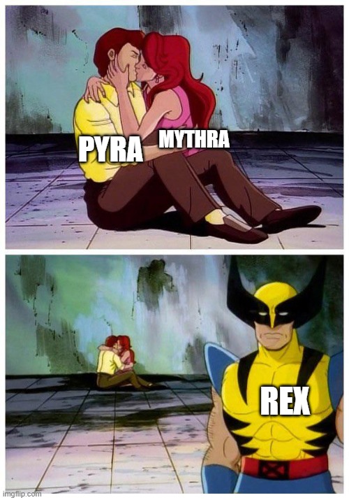 Wolverine cyclops jean | PYRA MYTHRA REX | image tagged in wolverine cyclops jean | made w/ Imgflip meme maker