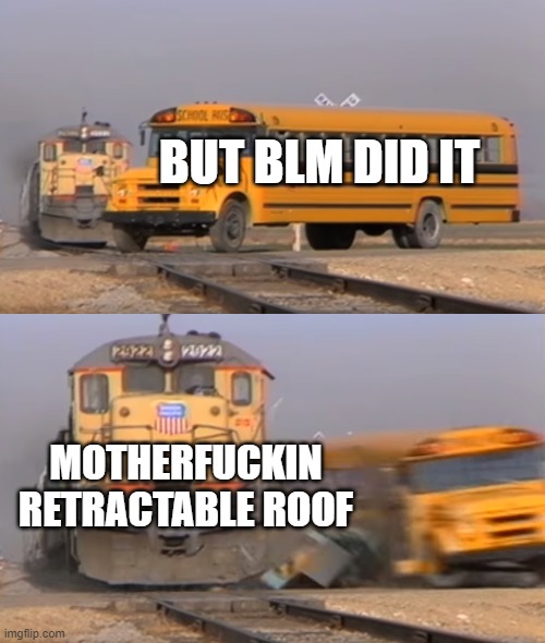 School Bus Train | BUT BLM DID IT; MOTHERFUCKIN RETRACTABLE ROOF | image tagged in school bus train | made w/ Imgflip meme maker