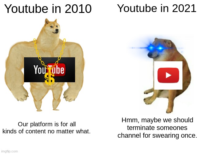 lollll | Youtube in 2010; Youtube in 2021; Our platform is for all kinds of content no matter what. Hmm, maybe we should terminate someones channel for swearing once. | image tagged in memes,buff doge vs cheems,funny,cheems,gifs | made w/ Imgflip meme maker