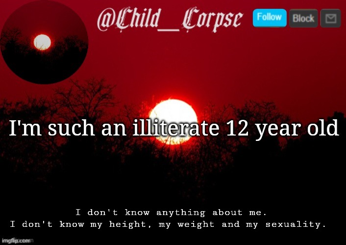 *Sighs* | I'm such an illiterate 12 year old; I don't know anything about me.
I don't know my height, my weight and my sexuality. | image tagged in child_corpse announcement template | made w/ Imgflip meme maker