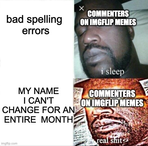 Sleeping Shaq Meme | COMMENTERS ON IMGFLIP MEMES; bad spelling  errors; MY NAME I CAN'T CHANGE FOR AN ENTIRE  MONTH; COMMENTERS ON IMGFLIP MEMES | image tagged in memes,sleeping shaq | made w/ Imgflip meme maker