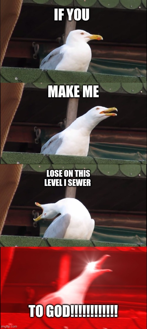 everyone playing Mario | IF YOU; MAKE ME; LOSE ON THIS LEVEL I SEWER; TO GOD!!!!!!!!!!!! | image tagged in memes,inhaling seagull | made w/ Imgflip meme maker