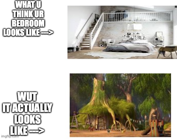 What u think ur room looks like | WHAT U THINK UR BEDROOM LOOKS LIKE --->; WUT IT ACTUALLY LOOKS LIKE ---> | image tagged in what u think ur room looks like | made w/ Imgflip meme maker