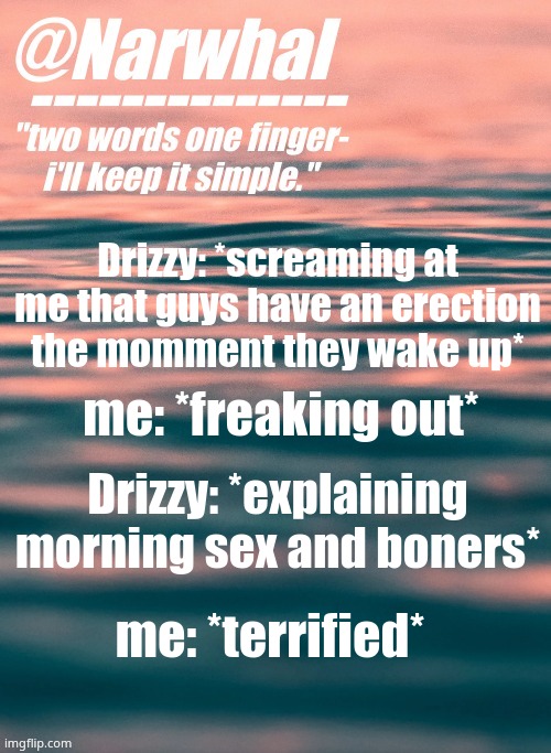 *crying* | Drizzy: *screaming at me that guys have an erection the momment they wake up*; me: *freaking out*; Drizzy: *explaining morning sex and boners*; me: *terrified* | image tagged in narwhal announcement temp | made w/ Imgflip meme maker