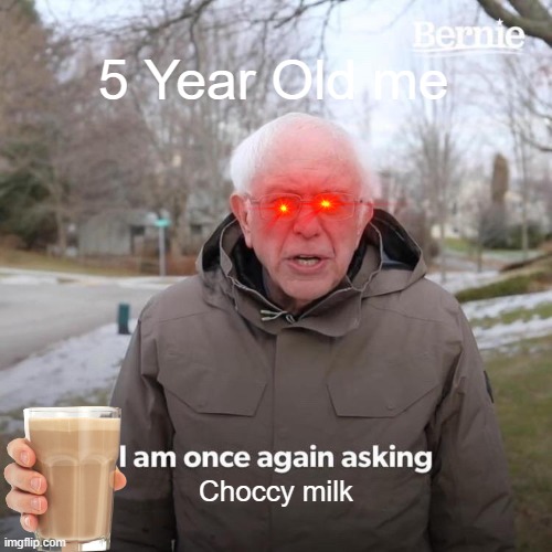 Bernie I Am Once Again Asking For Your Support | 5 Year Old me; Choccy milk | image tagged in memes,bernie i am once again asking for your support | made w/ Imgflip meme maker