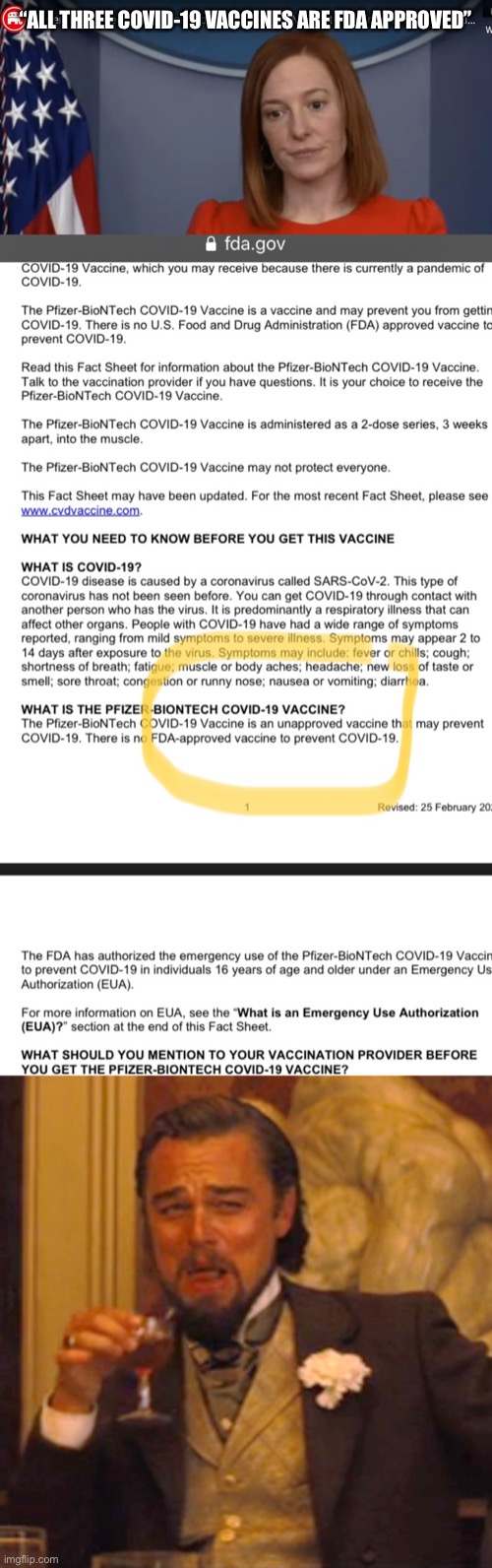 “ALL THREE COVID-19 VACCINES ARE FDA APPROVED” | image tagged in jen psaki,memes,laughing leo,covid-19,antivax | made w/ Imgflip meme maker