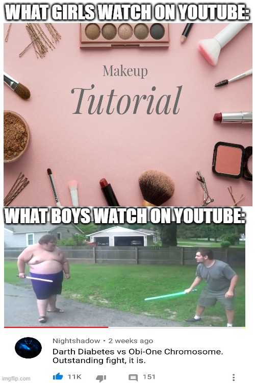 my calories have doubled since the last time we fought | WHAT GIRLS WATCH ON YOUTUBE:; WHAT BOYS WATCH ON YOUTUBE: | image tagged in blank white template | made w/ Imgflip meme maker