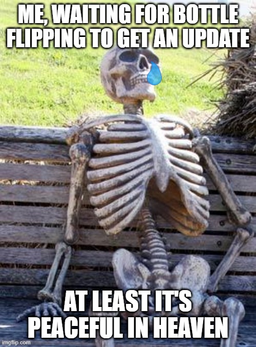 skeleboi | ME, WAITING FOR BOTTLE FLIPPING TO GET AN UPDATE; AT LEAST IT'S PEACEFUL IN HEAVEN | image tagged in memes,waiting skeleton | made w/ Imgflip meme maker
