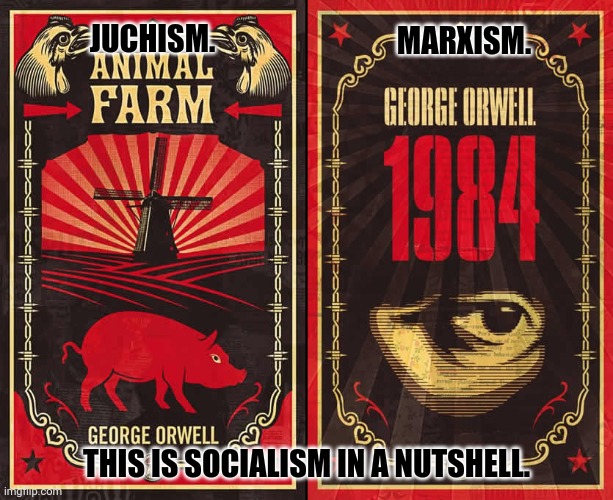 George Orwell novels | JUCHISM. MARXISM. THIS IS SOCIALISM IN A NUTSHELL. | image tagged in memes,democratic socialism,news | made w/ Imgflip meme maker