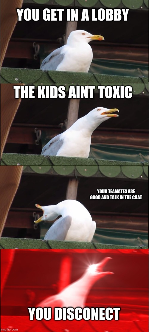 BOI | YOU GET IN A LOBBY; THE KIDS AINT TOXIC; YOUR TEAMATES ARE GOOD AND TALK IN THE CHAT; YOU DISCONECT | image tagged in memes,inhaling seagull | made w/ Imgflip meme maker