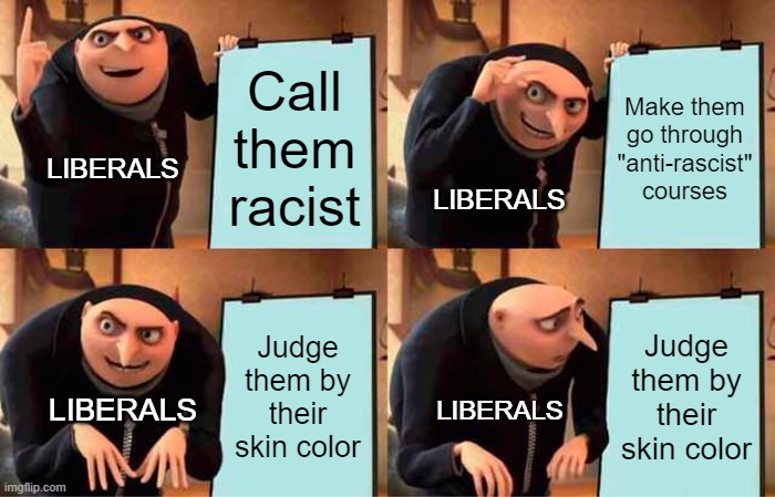 Gru's Plan | Call them racist; Make them go through "anti-rascist" courses; LIBERALS; LIBERALS; Judge them by their skin color; Judge them by their skin color; LIBERALS; LIBERALS | image tagged in liberals,college liberal,democrats,democrat,racist,racism | made w/ Imgflip meme maker