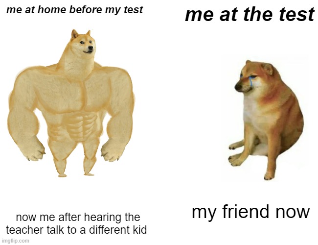 Buff Doge vs. Cheems | me at home before my test; me at the test; my friend now; now me after hearing the teacher talk to a different kid | image tagged in memes,buff doge vs cheems | made w/ Imgflip meme maker