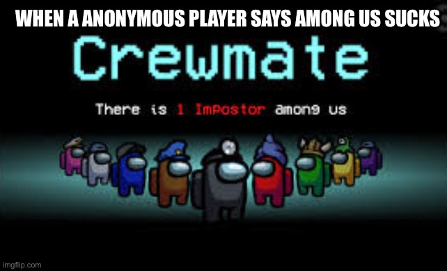 There is 1 imposter among us | WHEN A ANONYMOUS PLAYER SAYS AMONG US SUCKS | image tagged in there is 1 imposter among us | made w/ Imgflip meme maker