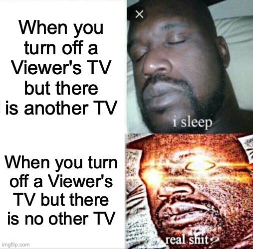 It do be like that tho | When you turn off a Viewer's TV but there is another TV; When you turn off a Viewer's TV but there is no other TV | image tagged in memes,sleeping shaq | made w/ Imgflip meme maker