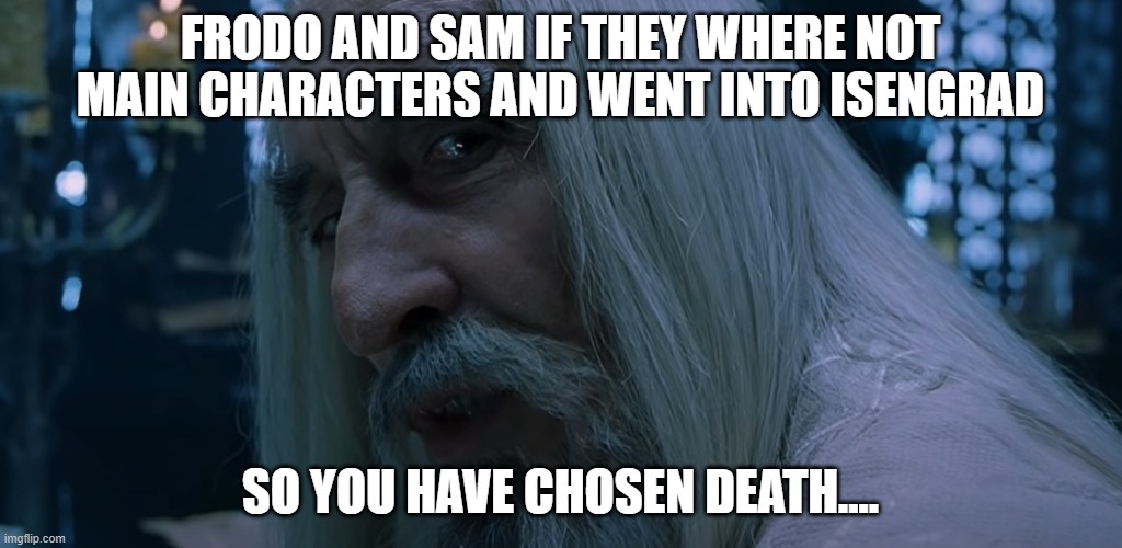 Saruman sou you have chosen death | FRODO AND SAM IF THEY WHERE NOT MAIN CHARACTERS AND WENT INTO ISENGRAD; SO YOU HAVE CHOSEN DEATH.... | image tagged in saruman sou you have chosen death | made w/ Imgflip meme maker