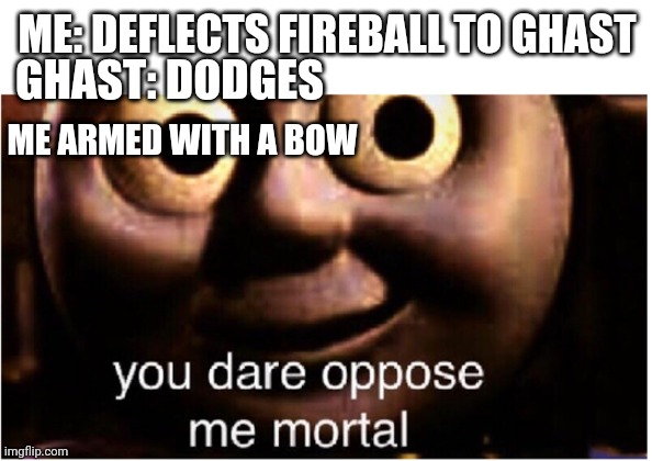 you dare oppose me mortal | ME: DEFLECTS FIREBALL TO GHAST; GHAST: DODGES; ME ARMED WITH A BOW | image tagged in you dare oppose me mortal | made w/ Imgflip meme maker