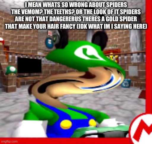 what | I MEAN WHATS SO WRONG ABOUT SPIDERS THE VEMOM? THE TEETHS? OR THE LOOK OF IT SPIDERS ARE NOT THAT DANGERERUS THERES A GOLD SPIDER THAT MAKE  | image tagged in what | made w/ Imgflip meme maker