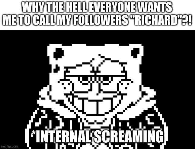 -_- | WHY THE HELL EVERYONE WANTS ME TO CALL MY FOLLOWERS "RICHARD"?! | image tagged in spongebob internal screaming | made w/ Imgflip meme maker