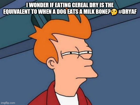 Futurama Fry | I WONDER IF EATING CEREAL DRY IS THE EQUIVALENT TO WHEN A DOG EATS A MILK BONE?🤔 #DRYAF | image tagged in memes,futurama fry | made w/ Imgflip meme maker