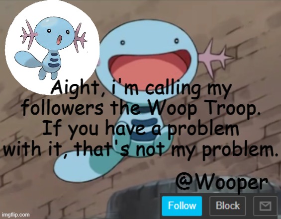 I can't think of anything better soooo | Aight, i'm calling my followers the Woop Troop. If you have a problem with it, that's not my problem. | image tagged in wooper template | made w/ Imgflip meme maker