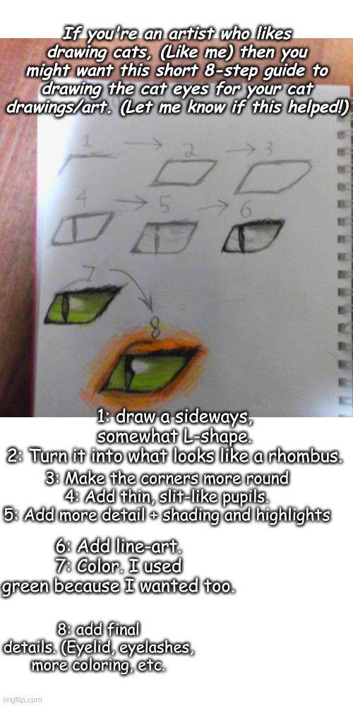 How To Draw Cat Eyes | If you're an artist who likes drawing cats, (Like me) then you might want this short 8-step guide to drawing the cat eyes for your cat drawings/art. (Let me know if this helped!); 1: draw a sideways, somewhat L-shape.
2: Turn it into what looks like a rhombus. 3: Make the corners more round
4: Add thin, slit-like pupils.
5: Add more detail + shading and highlights; 6: Add line-art.
7: Color. I used green because I wanted too. 8: add final details. (Eyelid, eyelashes, more coloring, etc. | image tagged in drawings,never gonna give you up,never gonna let you down,never gonna run around,and desert you | made w/ Imgflip meme maker
