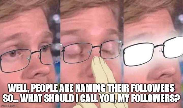 Anime glasses meme | WELL, PEOPLE ARE NAMING THEIR FOLLOWERS SO... WHAT SHOULD I CALL YOU, MY FOLLOWERS? | image tagged in anime glasses meme | made w/ Imgflip meme maker