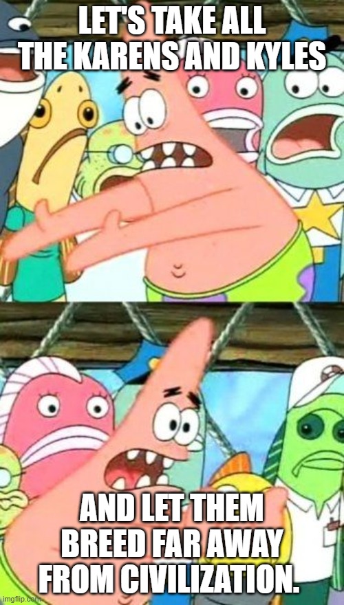 Doesn't sound like a bad idea | LET'S TAKE ALL THE KARENS AND KYLES; AND LET THEM BREED FAR AWAY FROM CIVILIZATION. | image tagged in memes,put it somewhere else patrick,karen,kyle,good idea | made w/ Imgflip meme maker
