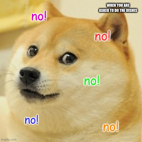 Doge | WHEN YOU ARE ASKED TO DO THE DISHES; no! no! no! no! no! | image tagged in memes,doge | made w/ Imgflip meme maker