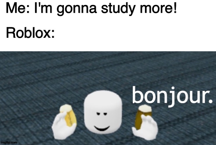 My actual Roblox character is in the meme btw | Me: I'm gonna study more! Roblox: | image tagged in blank white template,roblox bonjour,roblox,memes,bonjour,study | made w/ Imgflip meme maker