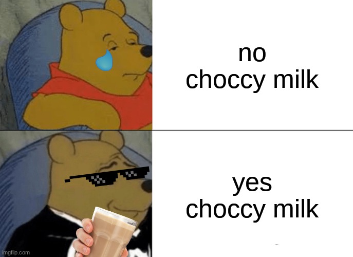 choccy milk no vs yes choccy milk | no choccy milk; yes choccy milk | image tagged in memes,tuxedo winnie the pooh | made w/ Imgflip meme maker