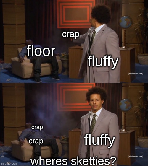 fluffies be like | crap; floor; fluffy; fluffy; crap; crap; wheres sketties? | image tagged in memes,who killed hannibal | made w/ Imgflip meme maker